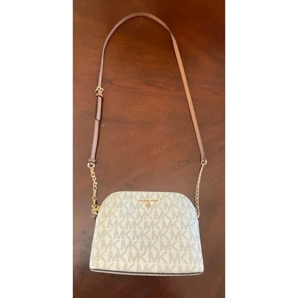 Michael Kors Dome Crossbody Bag Signature Logo Brown Leather Strap Gold Details